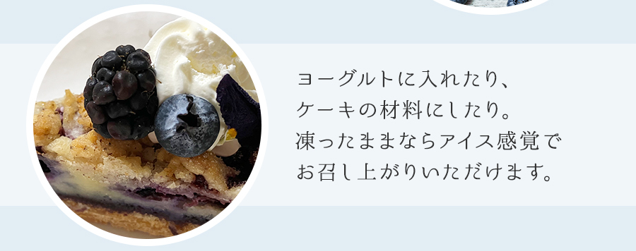 ヨーグルトに入れたり、ケーキの材料にしたり。凍ったままならアイス感覚でお召し上がりいただけます。