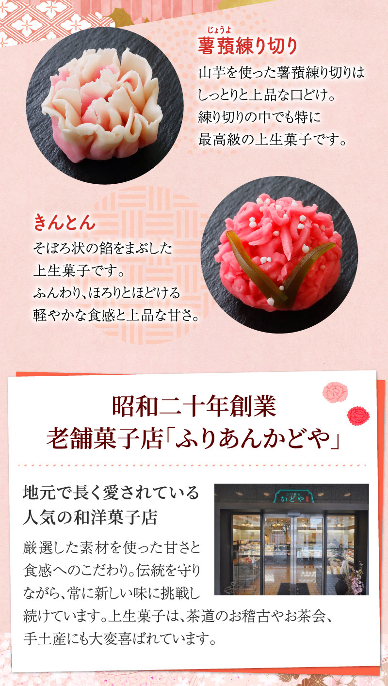 薯蕷練り切り、きんとん／昭和20年創業、老舗菓子店「ふりあんかどや」